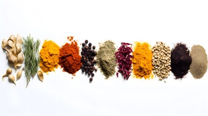 Various colorful spices and herbs are arranged in a neat row on a white background.
 - obrazy, fototapety, plakaty