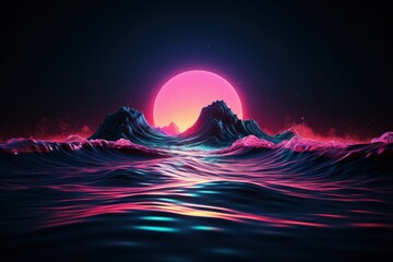Synthwave sunset, landscape, 80's retro synthwave color design ocean wave - obrazy, fototapety, plakaty