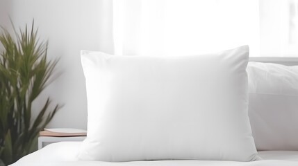 White pillow case mockup template. Blank soft pillow on the bed in bedroom

