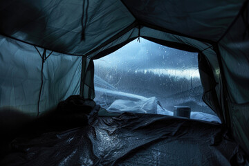 Seeking refuge and warmth inside a tent during inclement weather