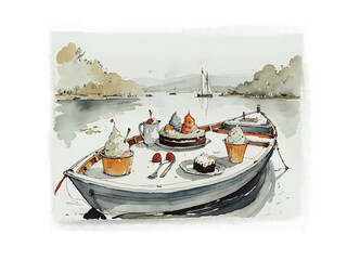 Cake and food on a boat at the lake for a vacation, watercolor illustration