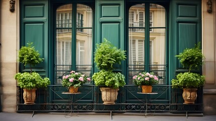 Fototapeta premium Window doors and french balcony decorated with three green potted plants