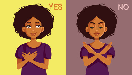 Women of African Ethnicity Saying Yes and No Vector Character. Girl showing both positive and negative feedback response 
