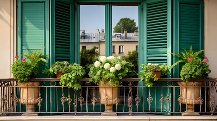 Fototapeta na wymiar Window doors and french balcony decorated with three green potted plants