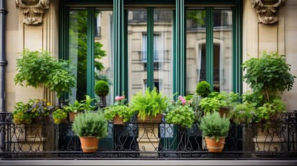 Fototapeta na wymiar Window doors and french balcony decorated with three green potted plants