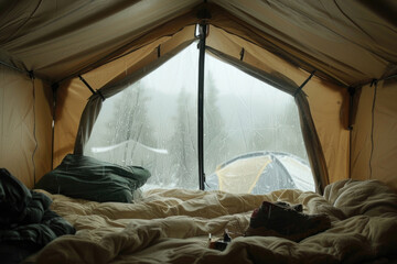 Seeking refuge and warmth inside a tent during inclement weather