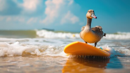 A cute goose surfer enjoys a fun-filled summer day at the beach, riding waves with enthusiasm, Ai Generated. - Powered by Adobe
