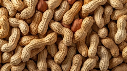 Fototapeta premium Delve into the natural simplicity of a panoramic view featuring raw peeled peanuts. Ai Generated.