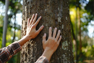Human hands touching tree green forest in tropical woods, hug tree or protect environment, co2, net...