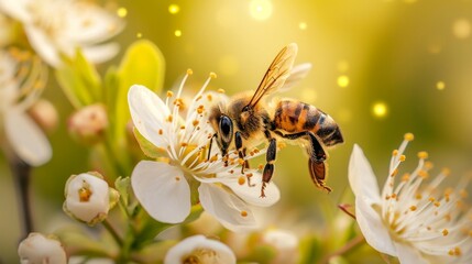 Close-up of a bee landing on a flower for pollination, showcasing nature's intricate symbiosis, Ai Generated.