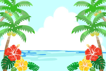 Fototapeta na wymiar リゾート風景の背景、ハイビスカス、椰子の木, 海、空、雲