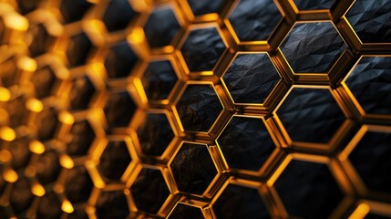 Obraz premium Abstract allure of a golden honeycomb on a black backdrop, radiating elegance and richness, Ai Generated.