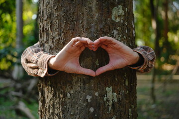 Human hands touching tree green forest in tropical woods, hug tree or protect environment, co2, net...