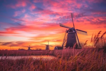 Foto op Plexiglas Sunset with windmills © Veniamin Kraskov