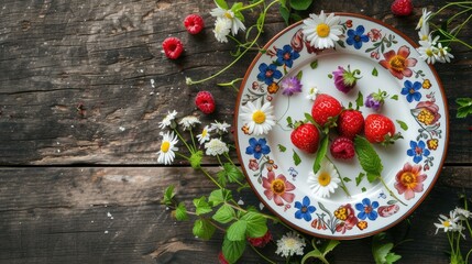 Obraz na płótnie Canvas Vibrant plate adorned with flowers and berries sits atop rustic wooden table, Ai Generated.