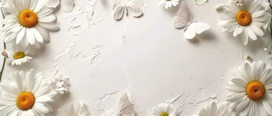 Papier Peint photo Papillons en grunge Delicate daisies and graceful butterflies form a charming frame or border, seamlessly adorning backgrounds, Ai Generated.