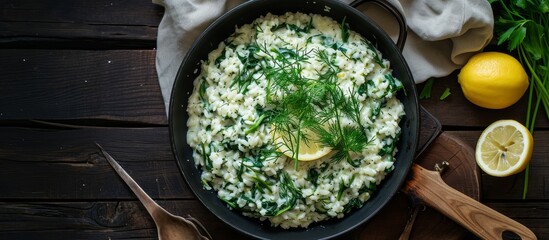 Overhead view of Greek spinach and rice pilaf with lemon, dill, scallion in frying pan on dark wooden table.