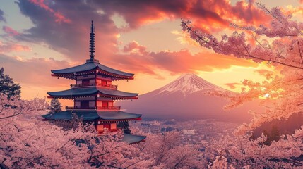 Fototapeta premium Cherry blossom trees frame a beautiful Japanese temple, creating a serene and enchanting scene, Ai Generated.