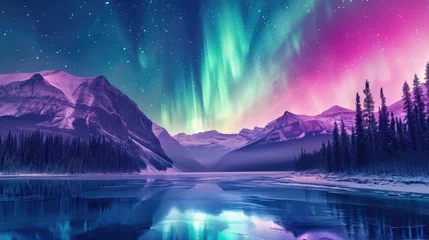 Photo sur Plexiglas Aurores boréales Dazzling hues dance in the night sky, a vivid display of Aurora Borealis, Ai Generated.