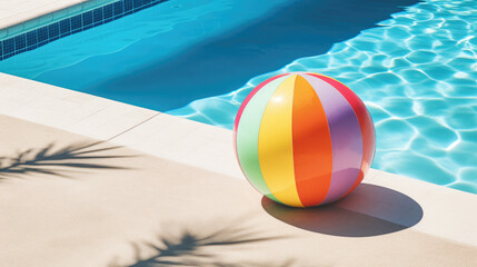Fototapeta na wymiar Multicolored beach ball rests by the pool's edge, adding a vibrant touch. Ai Generated.