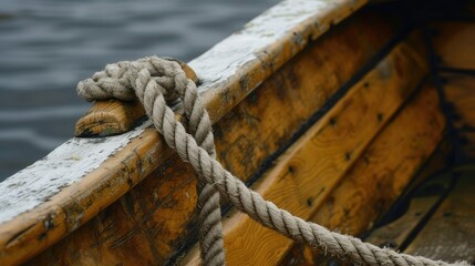 Close up of rope on wooden boat showcases nautical details with rustic charm. Ai Generated.