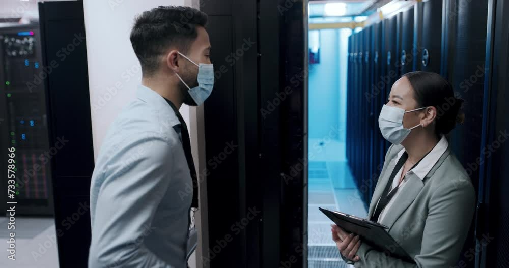 Aufkleber covid, greeting and people with masks in office, server room and communication with safety from viru