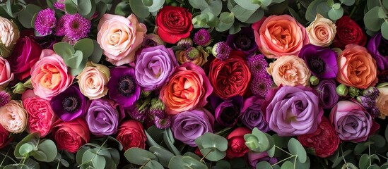 Assorted vibrant flowers in lavender purple and red shades available at the florist shop: roses, ranunculus, tulips, eucalyptus, eustoma, mattiolas, and carnations. - obrazy, fototapety, plakaty