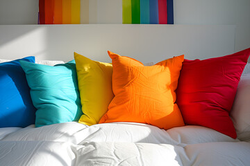 Colorful pillows on a bed in a bedroom. Close-up