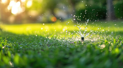 Automated lawn sprinkler efficiently waters lush green grass for a vibrant landscape. Ai Generated - obrazy, fototapety, plakaty
