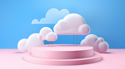 Product podium on blue backdrop, encircled by whimsical pink clouds, creates ethereal ambiance. Ai Generated