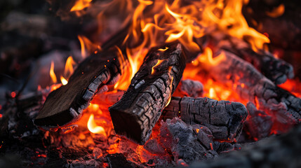 Close-up of campfire against dark backdrop, radiating warmth and coziness. Ai Generated
