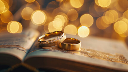 Close-up of two wedding rings resting on a book, with bokeh golden background. Ai Generated