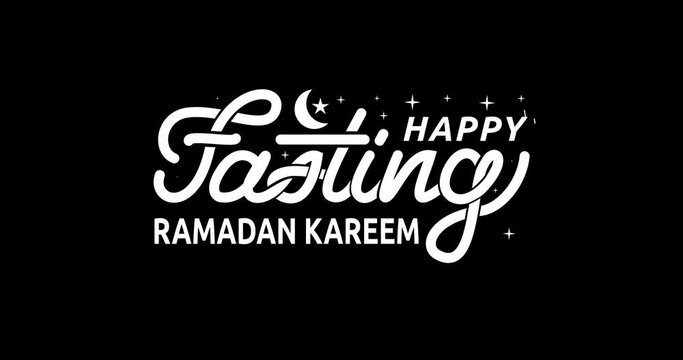 Happy Fasting Ramadan Kareem text animation with twinkling moon and star ornaments. Handwritten text calligraphy animated with alpha channel. Great for respecting Muslim brothers in fasting