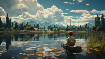 A young boy fishing on a lake inside a small paddle boat on a sunny day