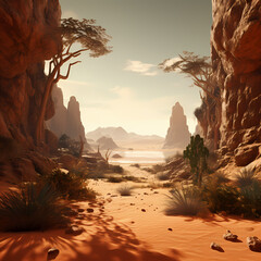 Desert landscape with a mirage of a hidden oasis.