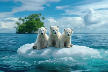 Keuken spatwand met foto Polar bear cubs stranded on a melting ice floe amidst a tropical ocean © Veniamin Kraskov