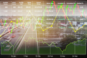 Stock index financial data show successful investment on transportation industry and travel business with graph and chart on perspective aerial image of motorway for business background.