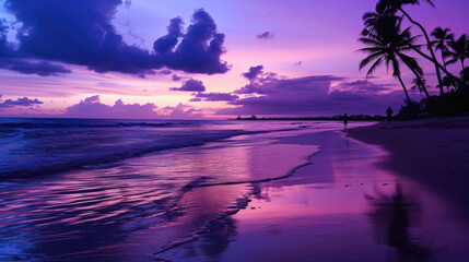 Fototapeta na wymiar As dusk falls, the beach becomes a canvas of purple and blue serenity