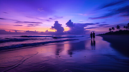 Fototapeta na wymiar As dusk falls, the beach becomes a canvas of purple and blue serenity