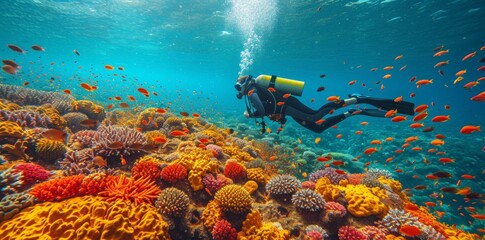 Scuba diver explores vibrant coral reef teeming with fish - obrazy, fototapety, plakaty