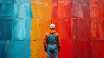 Worker in front of vibrant, painted containers, industrial concept