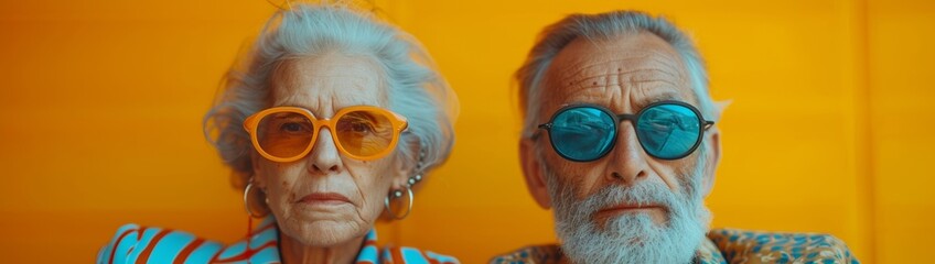 Stylish elderly couple with colorful sunglasses.