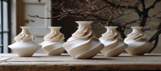 Fototapeta na wymiar Array of white abstract vases on wooden table