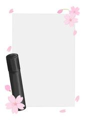 桜と卒業証書入れのフレーム、アナログ手描き風味、コピースペース有り、メッセージカード、縦