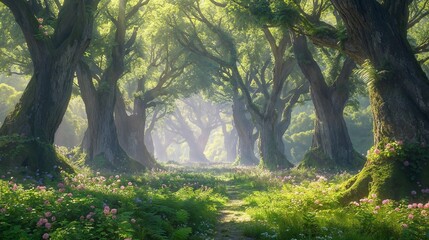 Sunlit Forest Glade with Flowering Shrubs - obrazy, fototapety, plakaty