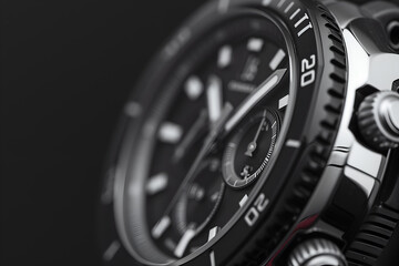 closeup of luxury men watch with stainless steel bracelet on black background