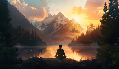 A serene silhouette of a person meditating in a lotus position on top of a mountain, with the sunrise amidst the surrounding peaks. - obrazy, fototapety, plakaty