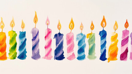 Vivid watercolor birthday candles lined up on a white canvas