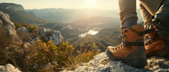 Hiker footwear on a rocky path with mountain landscape in the background Generative AI