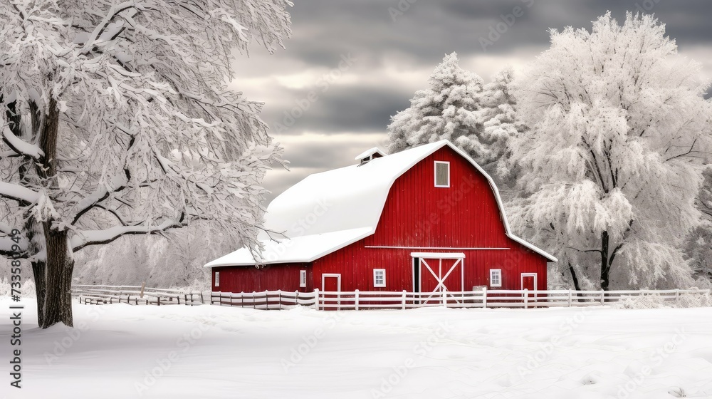 Poster snow red barn winter